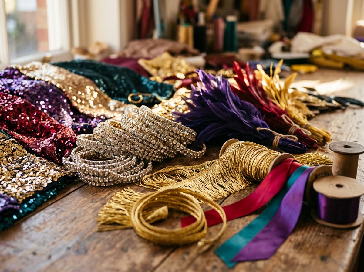 Table of rhinestone trim, sequined swatches, feather plumes and gold fringe under raking light.