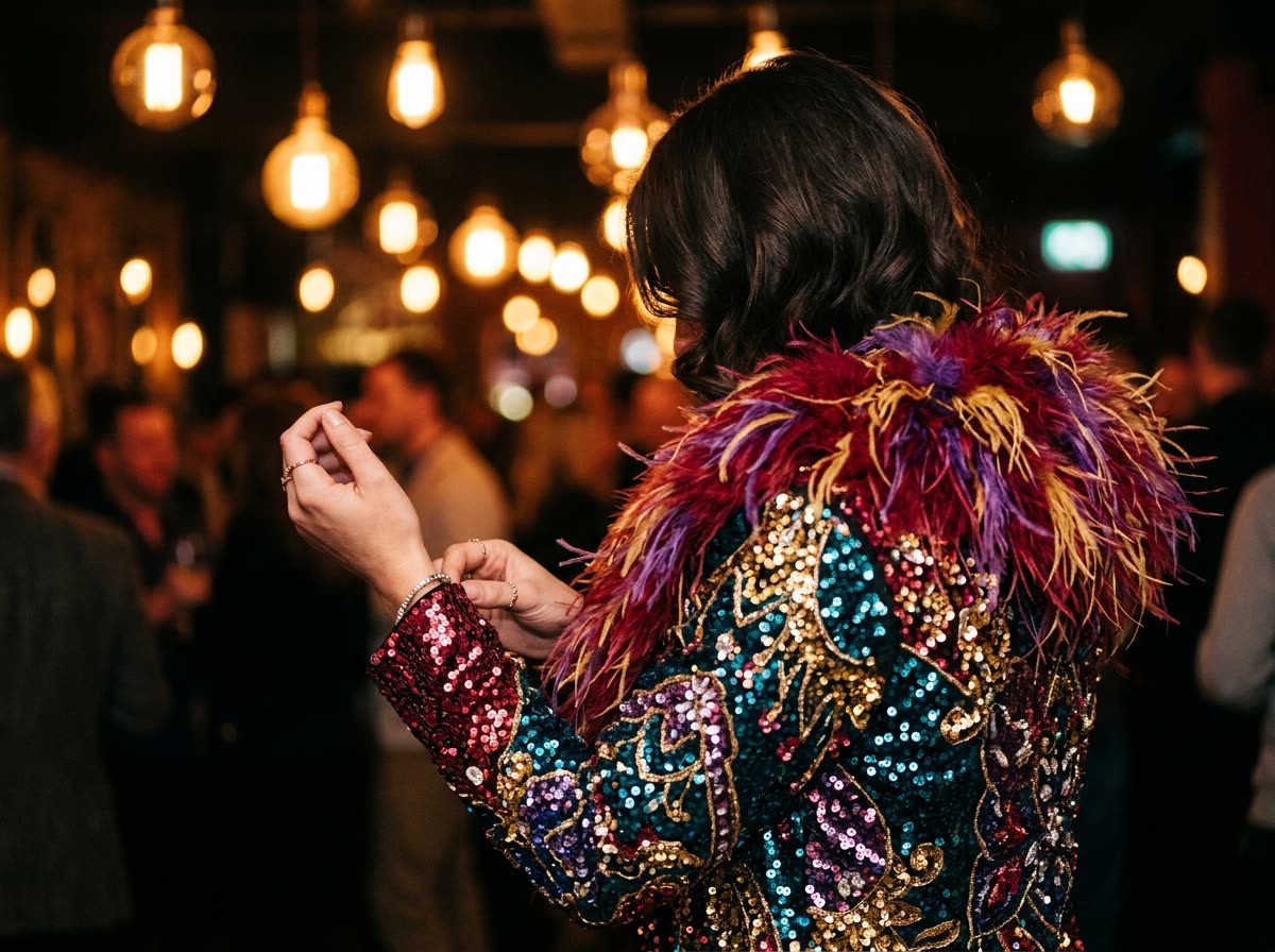 Person in a sequined jacket and feather boa seen from behind adjusting one cuff.